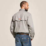 Ariat FR Solid Vent Work Shirt shown from the back, featuring durability and comfort in work wear.