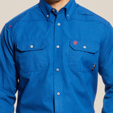 Ariat FR Featherlight Work Shirt in vibrant blue color, featuring two front pockets and button-up design.