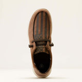 Ariat brown bomber suede shoe featuring American flag print design from the top view.
