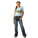 Ariat Girls Youth Frost Blue Acres Short Sleeve Girls T-Shirt modeled by a girl in a casual outfit with jeans.