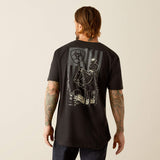 Ariat Big Sky Freedom T-Shirt featuring an illustrated cowboy on horseback in monochrome on a black background.
