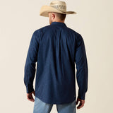 Back view of a man wearing the Ariat Printed 360 Airflow Classic Fit Shirt with a cowboy hat.