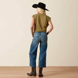 A woman wearing Ariat Perfect Rise Jazmine Wide Leg Crop Jeans and a black hat, showcasing a stylish western look from the back.
