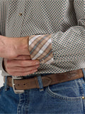 Wrangler George Strait long sleeve shirt detail showing cuffs and pattern, featuring one-pocket design in teal print.