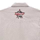 Back view of a Wrangler PBR logo western shirt featuring a striking PBR emblem on a dotted fabric.