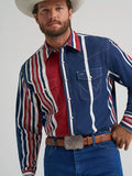 Man wearing Wrangler Brushpopper Western Snap Shirt in Americana red, white, and blue stripes.