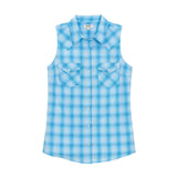 Wrangler Retro® Essential Snap Shirt in blue for women, perfect summer top for 2026, made of cotton and polyester.