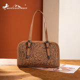 LBR Montana West Western Tooled Mini Satchel Bag - Light Brown with floral tooled design and antique silver buckle - Trinity Ranch