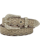 Angel Ranch Women's Brown Lace, Crystal and Stud Western Belt with intricate designs and a silver buckle.