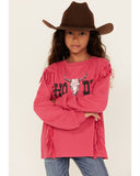 Rock & Roll Denim Girl's Howdy Fringe Long Sleeve Graphic Tee Pink