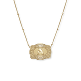 SpurWest Mini Belt Buckle Necklace Gold with A pendant, crafted from 10K gold filled material, tarnish-resistant and stylish.