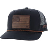 Hooey Liberty Roper black hat with leather flag patch and braided brim, featuring mesh back and high-profile design.