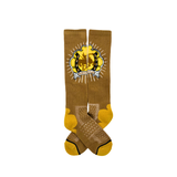 Lucky Chuck Lucky Bucking Cowgirl tan socks with vibrant yellow design, suitable for unisex, one size fits all.