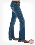 Cowgirl Tuff women's edgy jeans in blue wash with stylish whiskering, perfect fit for any occasion.