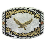 Montana Silversmiths Two Tone Cantle Roll Buckle with Soaring Eagle, featuring intricate gold and silver designs.