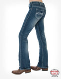Cowgirl Tuff Women's Edgy Jeans C01-JEDGYJ-MWH in blue wash with stylish whiskering and unique back pocket design.