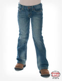 Cowgirl Tuff Kid's Don't Fence Me In Jeans in medium wash denim with gold and white stitching.