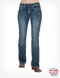 Cowgirl Tuff women's edgy jeans style #C01-JEDGYJ-MWH in blue wash with whiskering detail.