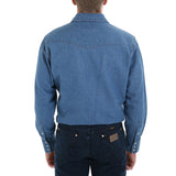Back view of a man wearing a Wrangler Cowboy Cut Work Shirt in indigo denim.