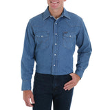 Wrangler Cowboy Cut Work Shirt in indigo, designed for cowboys, featuring a classic look and durable fabric.