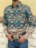 Men’s rock & roll long sleeve 2pkt border woven snap taupe shirt
