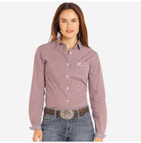 Panhandle Burgundy Stripe Top featuring long sleeves and a stylish pocket detail.