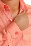 Panhandle Boys Long Sleeve Shirt Coral, showcasing vibrant coral color and detail on the collar and pocket.