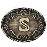 Montana Silversmiths Men's Filigree Initial Belt Buckle featuring the Letter S in a decorative design.