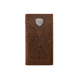 Ariat rodeo wallet in medium brown with embossed scroll design and shield concho
