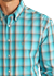 Rock & Roll Plaid Dobby Long Sleeve Button Down Shirt in turquoise and brown plaid pattern.