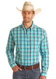 Man wearing a Rock & Roll Plaid Dobby Long Sleeve Button Down Shirt with a cowboy hat.