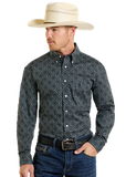 Rock and Roll Denim Rock and Roll All Over Medallion Long Sleeve Button down shirt BMB2S06471 on model with cowboy hat.