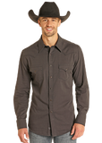 Rock & Roll Denim mens solid twill black snap shirt BMB2S05132 worn by a model wearing a cowboy hat.