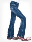 Cowgirl Tuff Girls Edgy Jean in medium wash, featuring mid rise and bootcut style, perfect for all seasons.