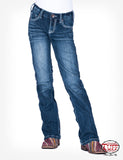 Cowgirl Tuff - Girls Edgy Jean in medium wash, mid rise bootcut style, perfect for all seasons.