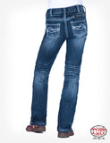 Cowgirl Tuff girls edgy jeans in medium wash, showcasing a bootcut style with decorative back pockets.