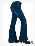 Cowgirl Tuff Just Tuff Girl's Trouser in medium wash denim, mid rise, offering stretch for comfort and style.