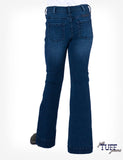 Cowgirl Tuff Just Tuff Girl's Trouser Jeans in medium wash, featuring mid rise and flared leg design.