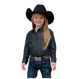 Cruel Girl Girls' Long Sleeve Western Snap Shirt in black metallic stripe worn by a girl with a cowboy hat.