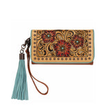Ariat Lorelei Calf Hair Tooled Tan Clutch Wallet with tassel detail and floral design