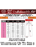 Cowgirl Tuff adjustable waistband fit chart for girls jeans with stretch levels and sizing information.