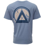 Hooey Music Denim Blue T-shirt featuring navy and tan logo design on the back with a wolf and mountain graphic.