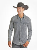 Rock & Roll Denim Mens 2 Pocket Medium Denim Solid Snap B2S2311 shirt model wearing a cowboy hat, showcasing the style.