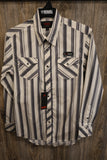 Rock & Roll Denim men's striped long sleeve snap shirt BMN2S09650 displayed on hanger.