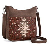 Trinity Ranch Floral Aztec Tooled Crossbody bag in genuine leather with intricate designs and adjustable strap.