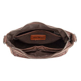 Inside view of Trinity Ranch Floral Aztec Tooled Crossbody bag showing pockets and zipper closure.