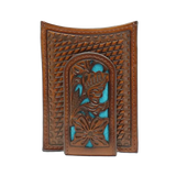 Nocona Men's Floral Tooled Money Clip Wallet with blue underlay and intricate leather tooling.