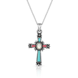 Montana Silversmiths Faith Beaming Cross Necklace featuring colorful inlays in turquoise and red.
