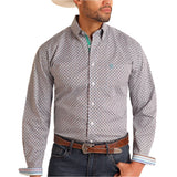 Panhandle Slim Men's Button Down Shirt in turquoise geo print with long sleeves and classic fit.
