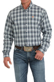 Cinch - Men's Turquoise Plaid Printed Plain Weave Long Sleeve Button down shirt with jeans and belt.